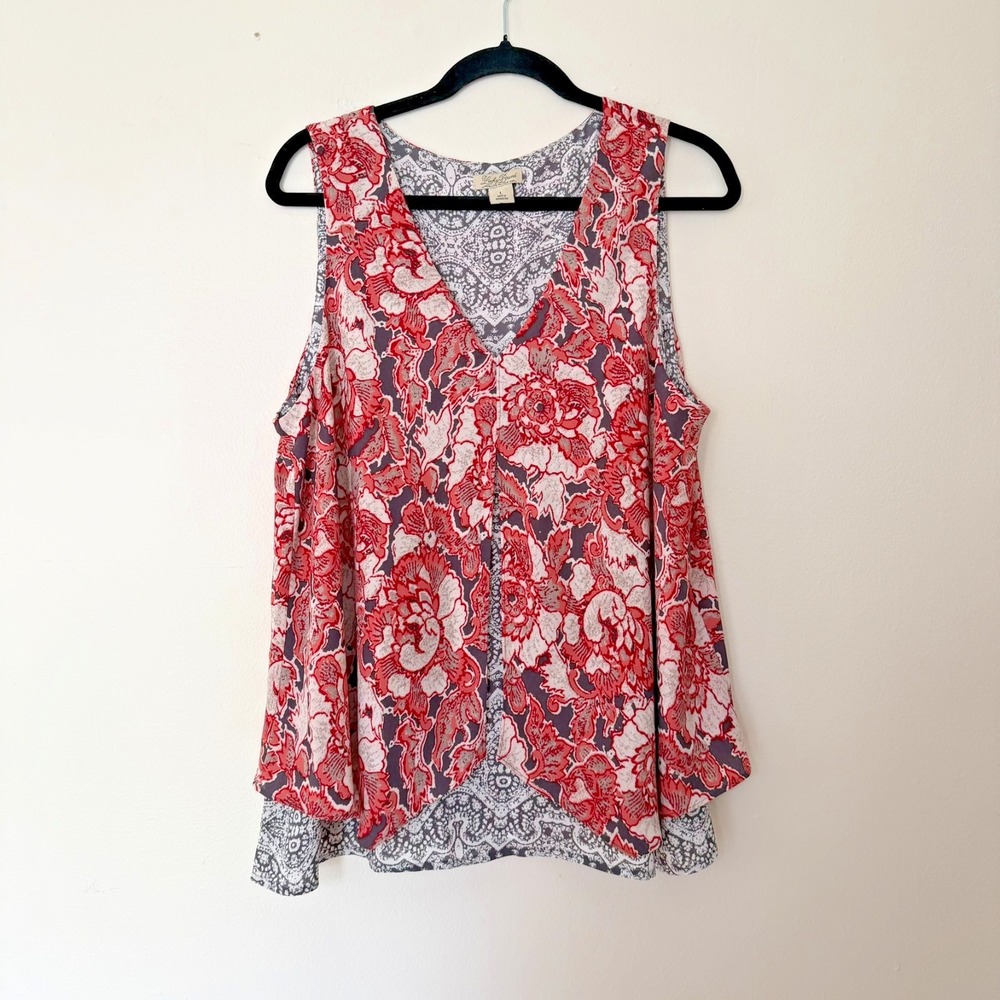 Lucky Brand Layered Silk Blouse Multi-Color Floral V Neck Tank Top Boho Size L